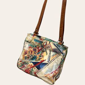 Vintage colorful European city graphic vinyl purse